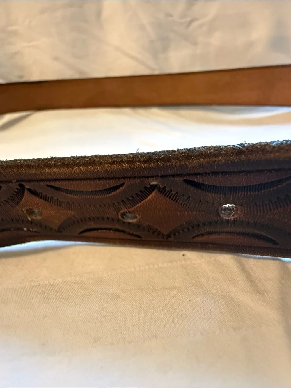 Leather Tooled Brown Men's Belt with Antiqued Brass Buckle